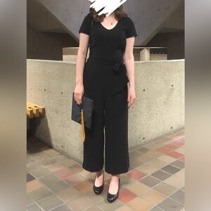 Black Jumpsuit with Short Sleeves, Wide Leg, & Waist Tie